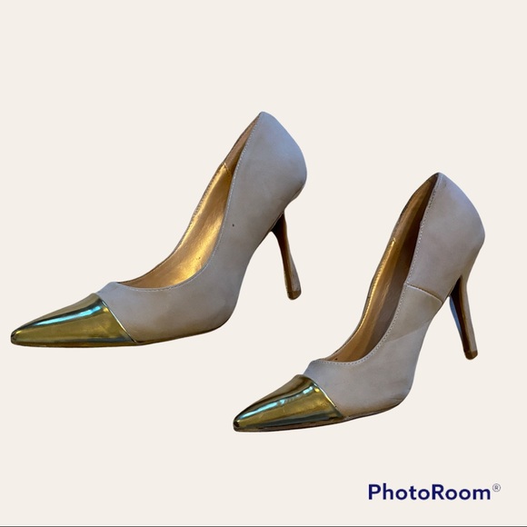 JUSTFAB Tan PUMPS with gold shiny toe SIZE 8.5 HEELS 4 inches - Picture 5 of 7